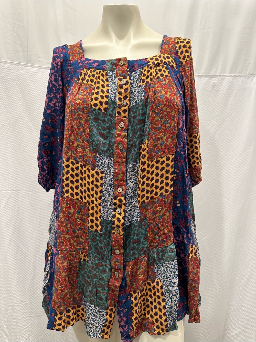 easel Multicolor Patchwork Square-Neck Peasant Dress - Picture 5 of 13